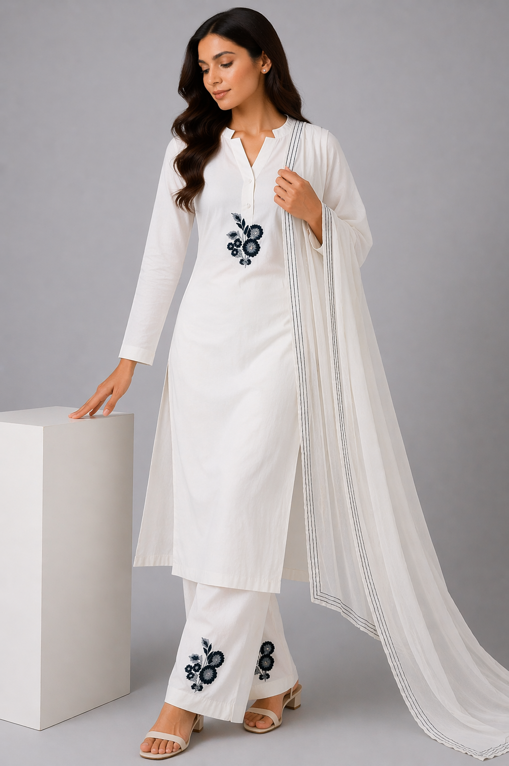 White Katan Silk Kurti Set with Pant & Chanderi Dupatta