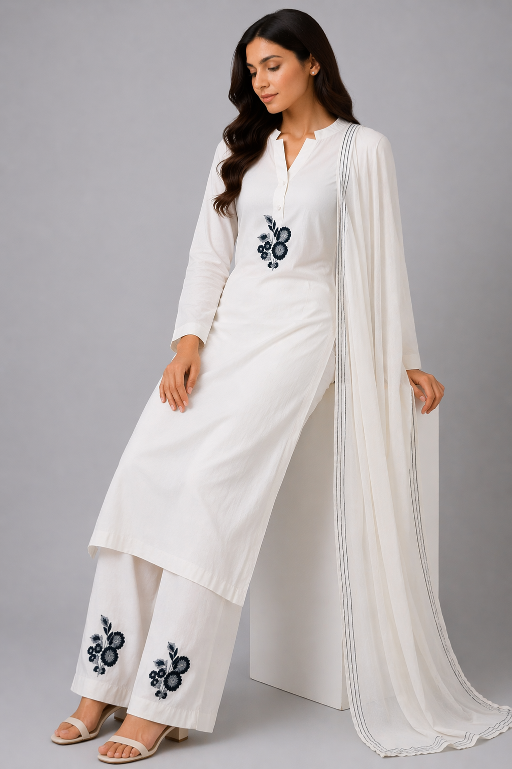 White Katan Silk Kurti Set with Pant & Chanderi Dupatta