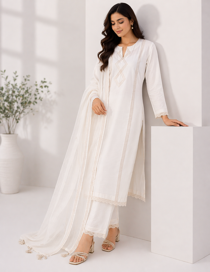 Off White Katan Silk Kurti Set with Pant & Chanderi Dupatta