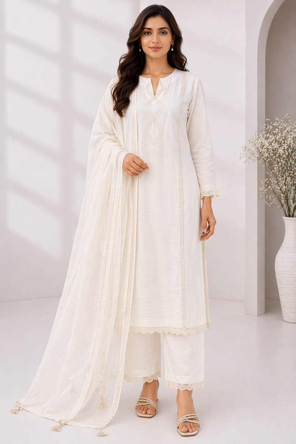 Off White Katan Silk Kurti Set with Pant & Chanderi Dupatta