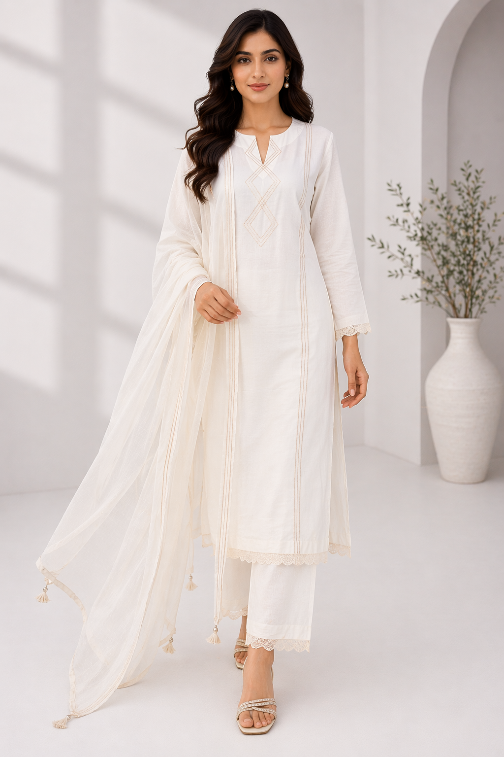 Off White Katan Silk Kurti Set with Pant & Chanderi Dupatta