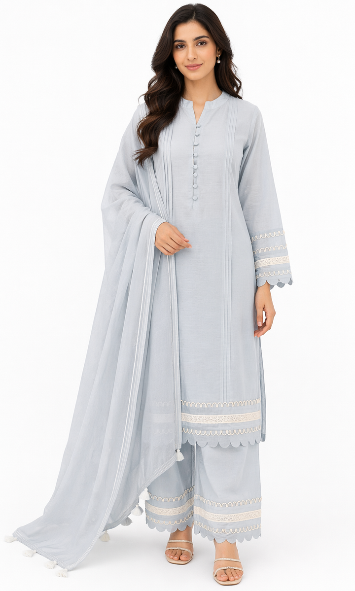 Light Blue Katan Silk Kurti Set with Pant & Organza Dupatta
