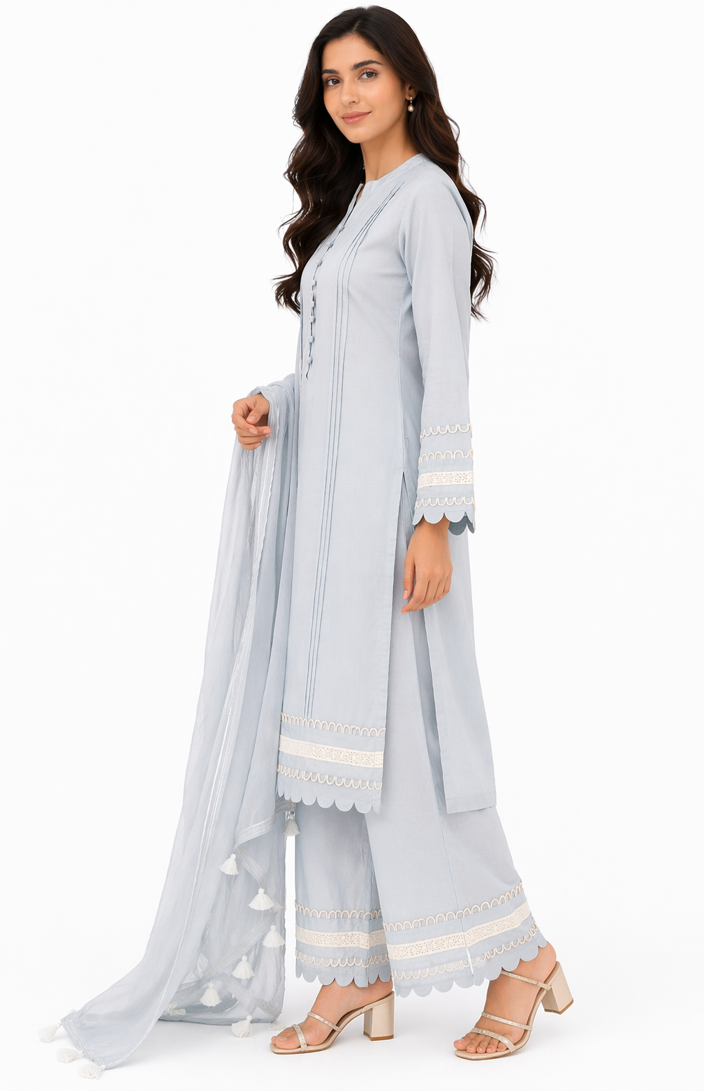 Light Blue Katan Silk Kurti Set with Pant & Organza Dupatta