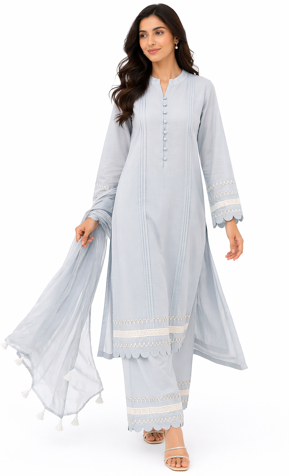Light Blue Katan Silk Kurti Set with Pant & Organza Dupatta