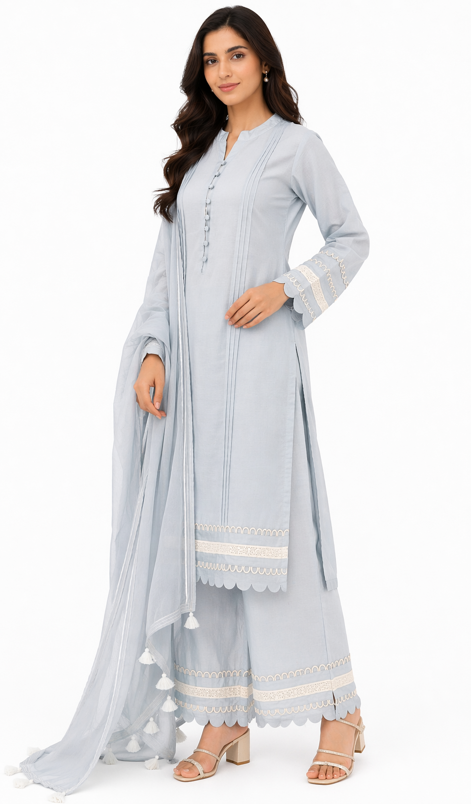 Light Blue Katan Silk Kurti Set with Pant & Organza Dupatta