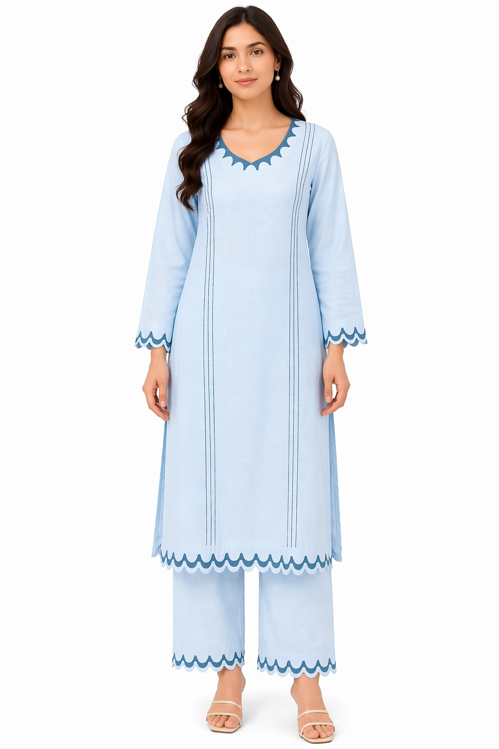 Sky Blue Katan Silk Kurti Set with Pant & Organza Dupatta