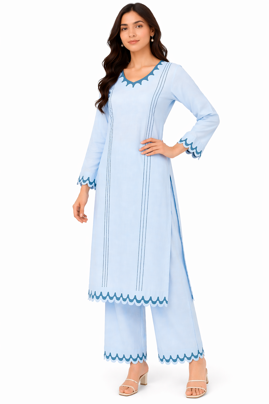 Sky Blue Katan Silk Kurti Set with Pant & Organza Dupatta