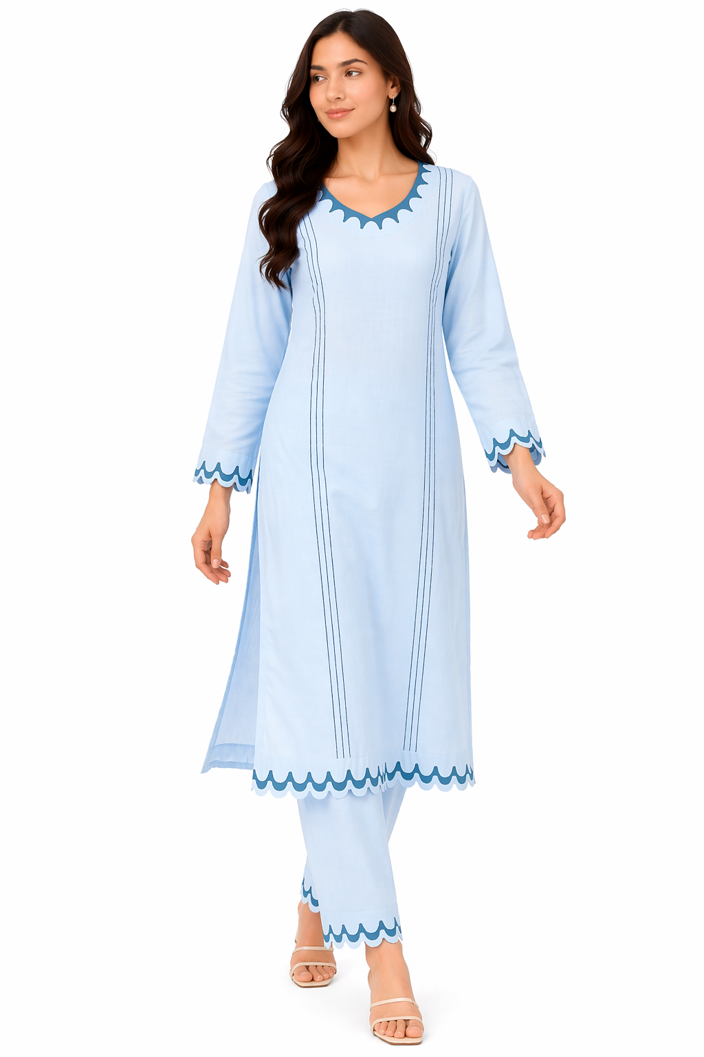 Sky Blue Katan Silk Kurti Set with Pant & Organza Dupatta