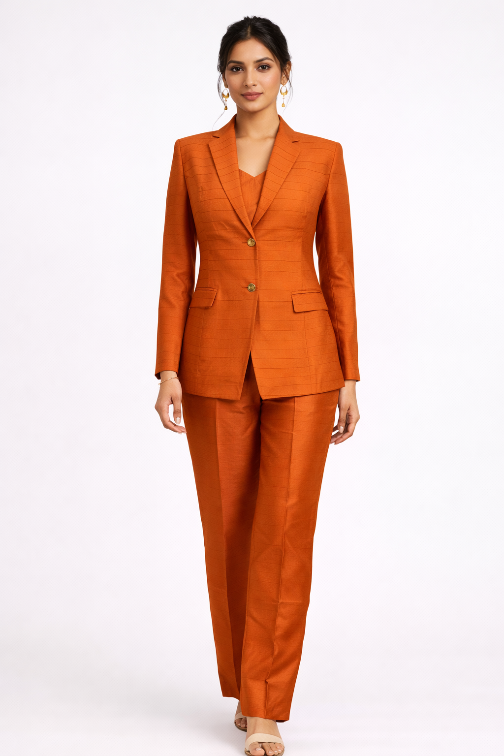 Burnt Orange Katan Silk Blazer Set with Bustier & Straight Pant