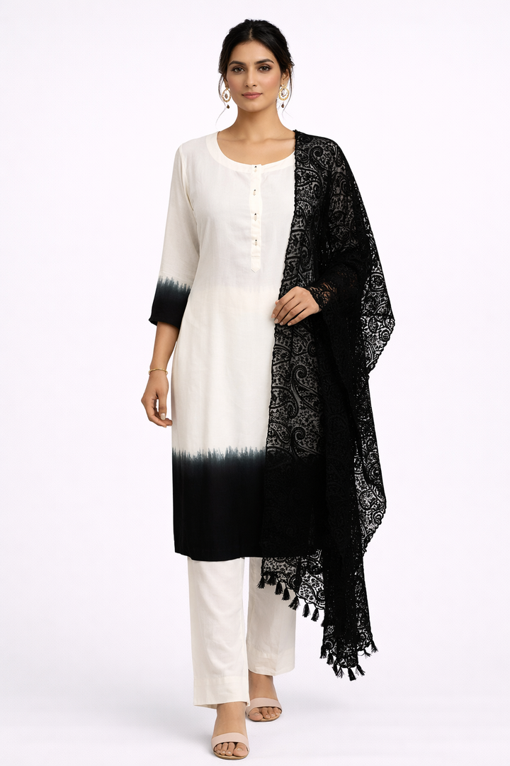 Tie-Dye Rayon Silk Kurti Set with Off White Pant & Net Dupatta