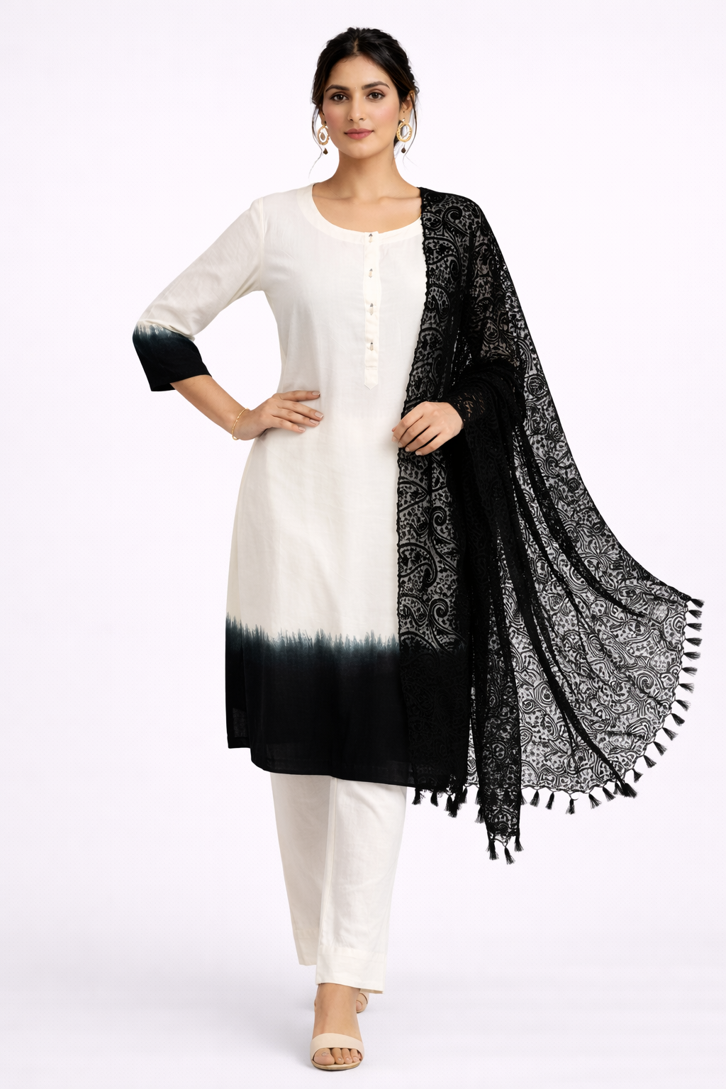 Tie-Dye Rayon Silk Kurti Set with Off White Pant & Net Dupatta
