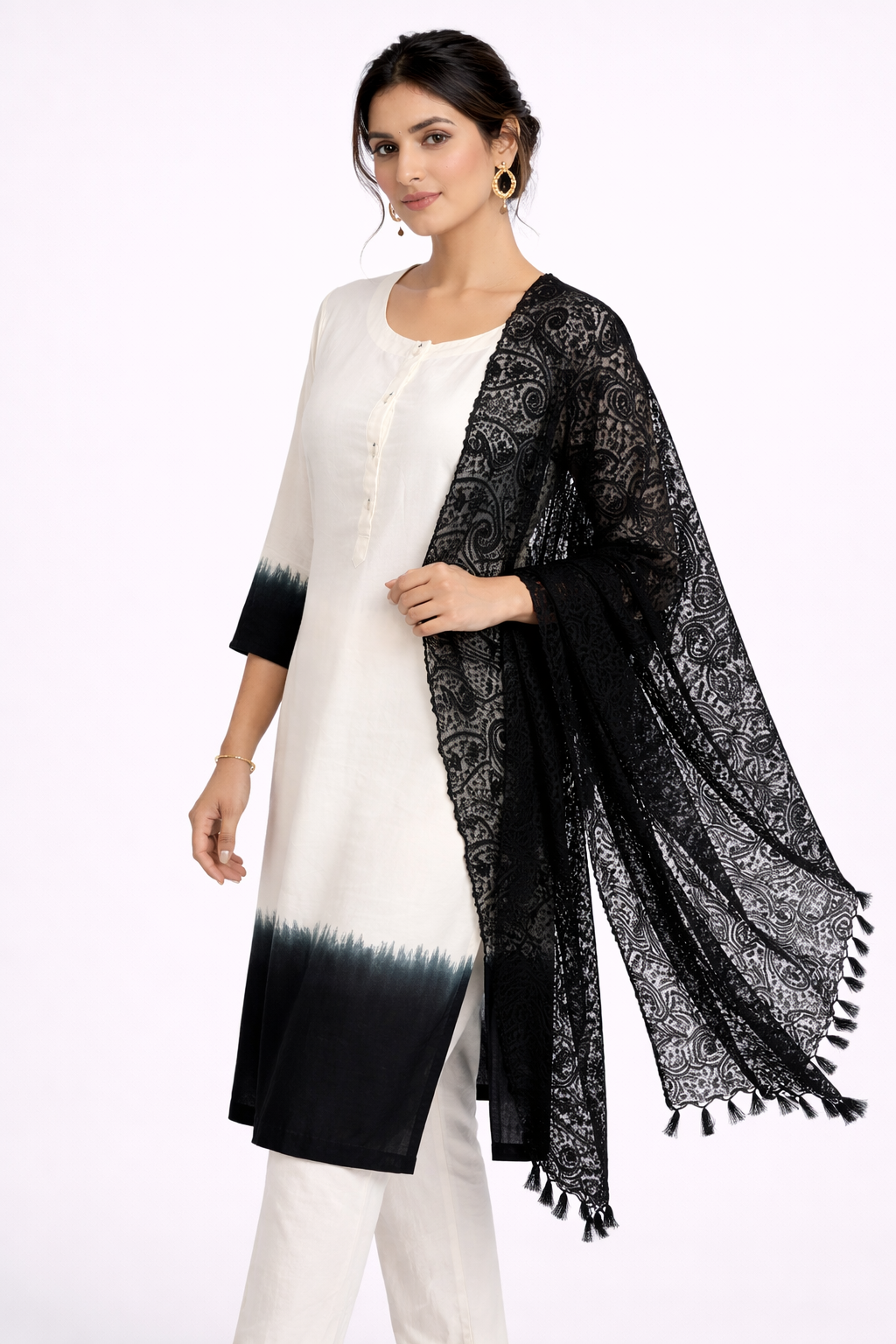 Tie-Dye Rayon Silk Kurti Set with Off White Pant & Net Dupatta