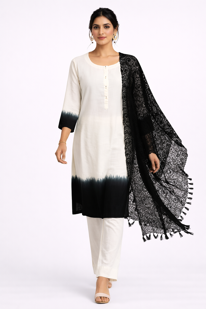 Tie-Dye Rayon Silk Kurti Set with Off White Pant & Net Dupatta