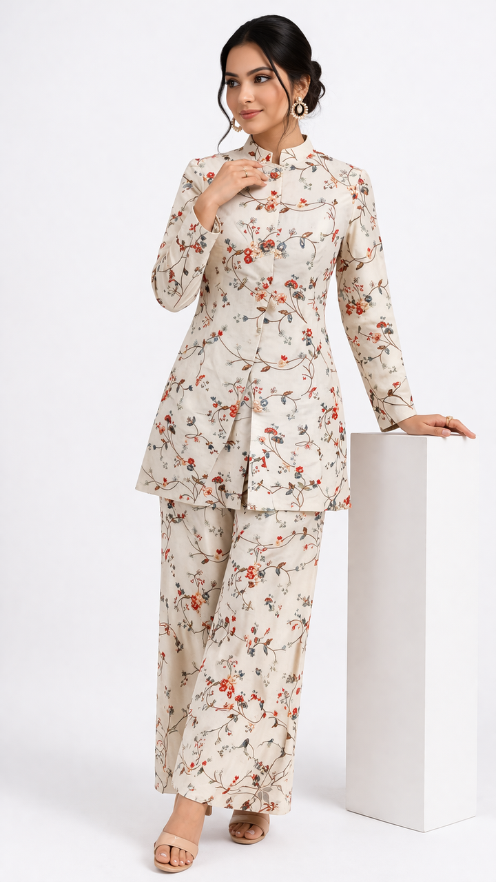 Off White Kora Cotton Jacket Set with Straight Pant