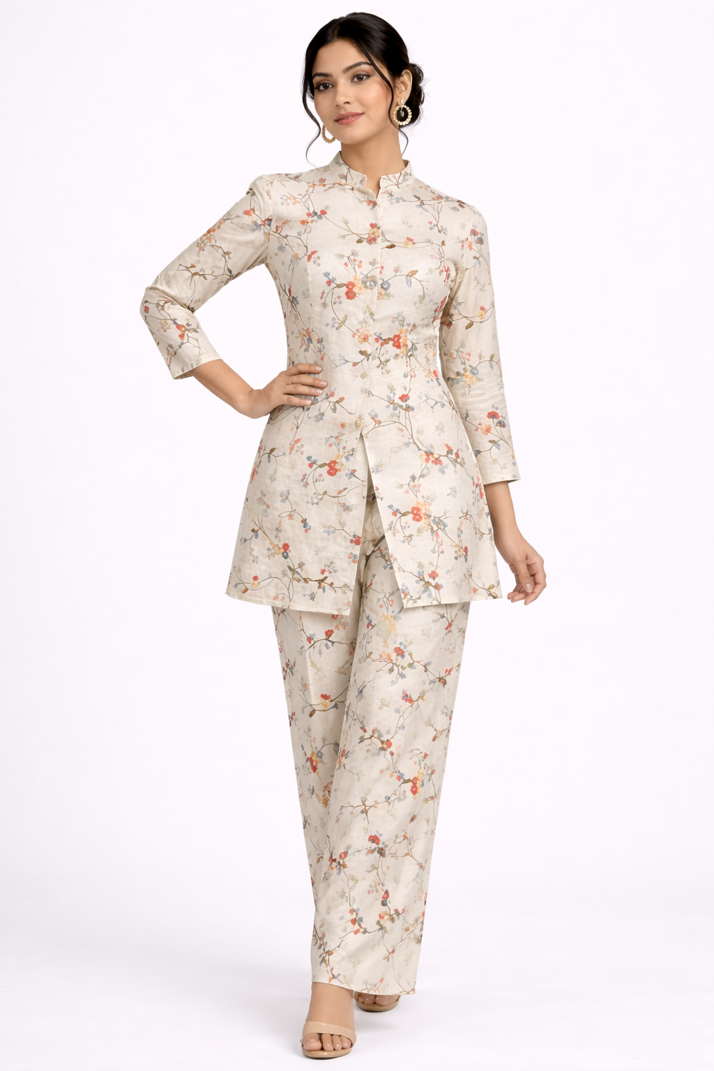 Off White Kora Cotton Jacket Set with Straight Pant