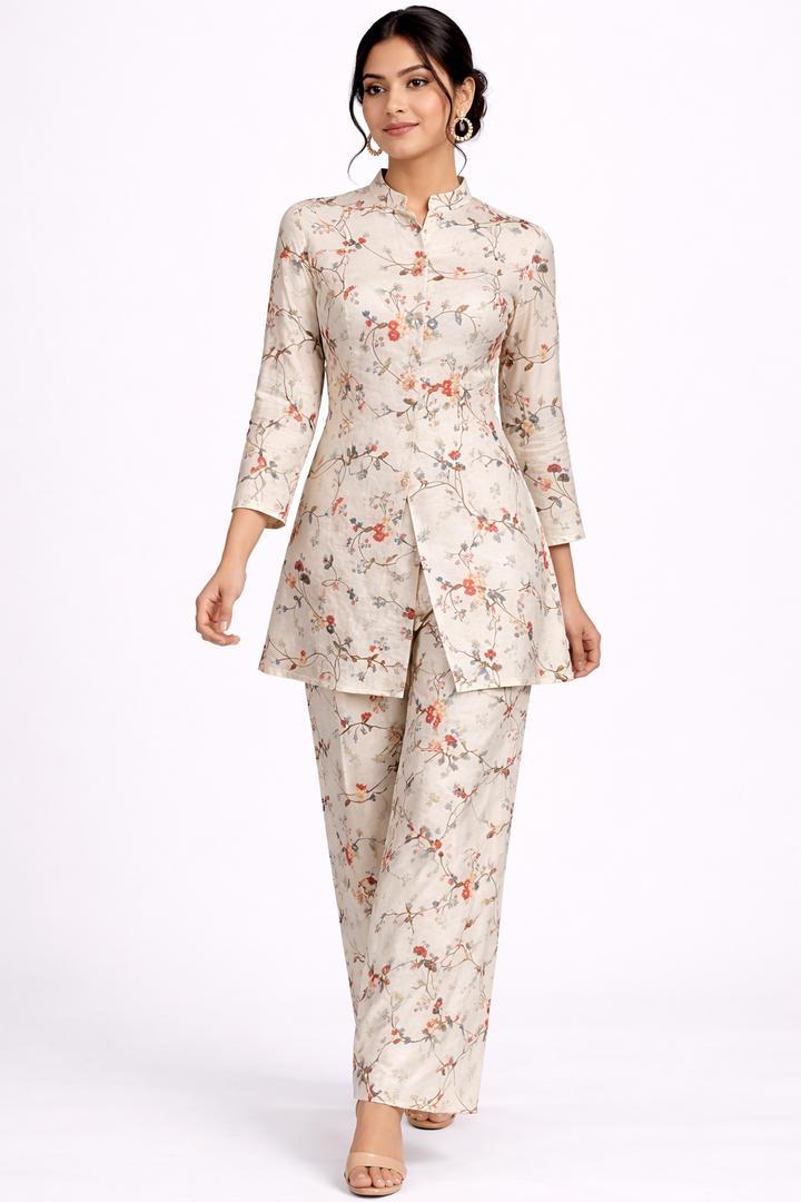 Off White Kora Cotton Jacket Set with Straight Pant