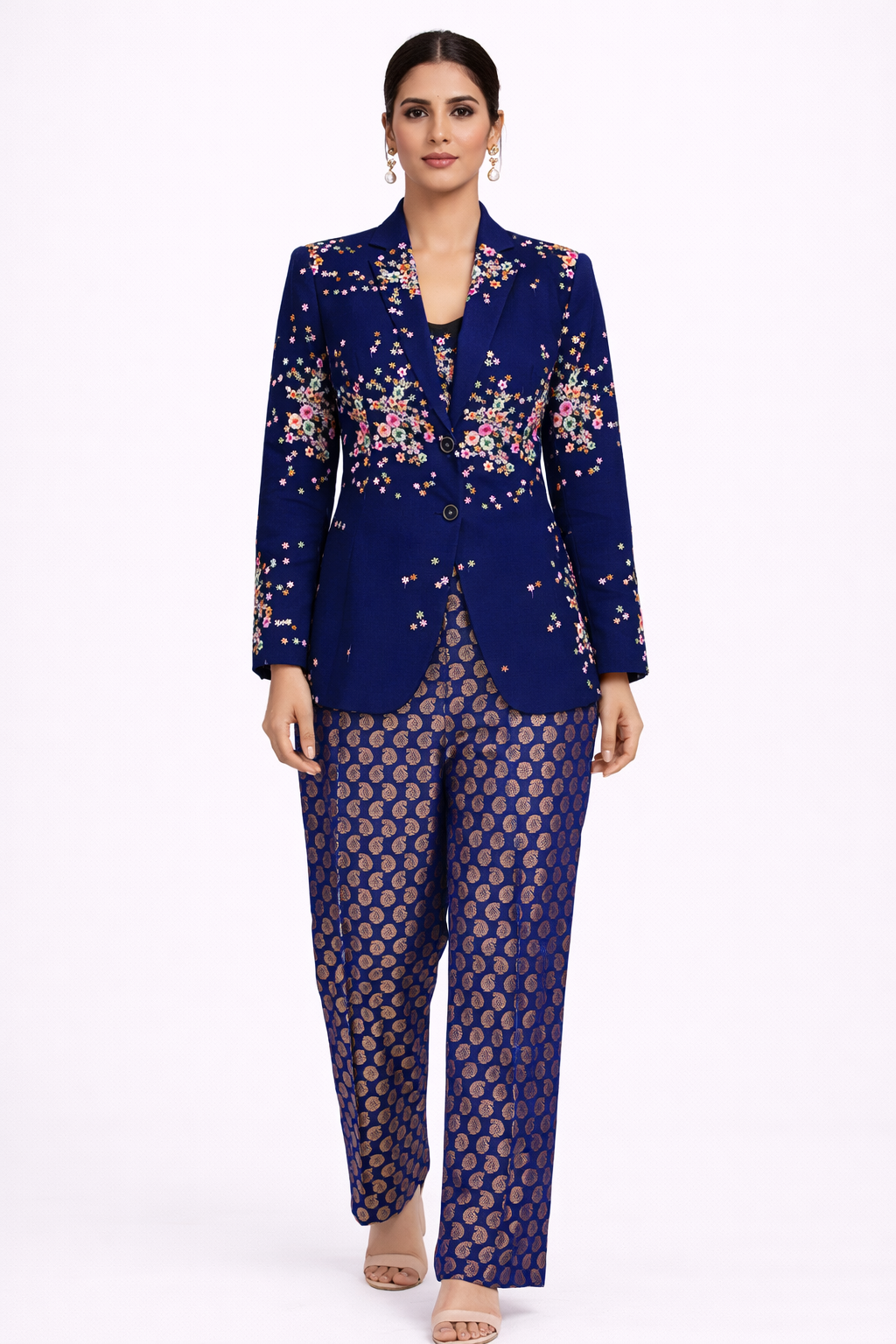 Navy Blue Net Co-ord Set with Jacket, Bustier & Brocade Pant