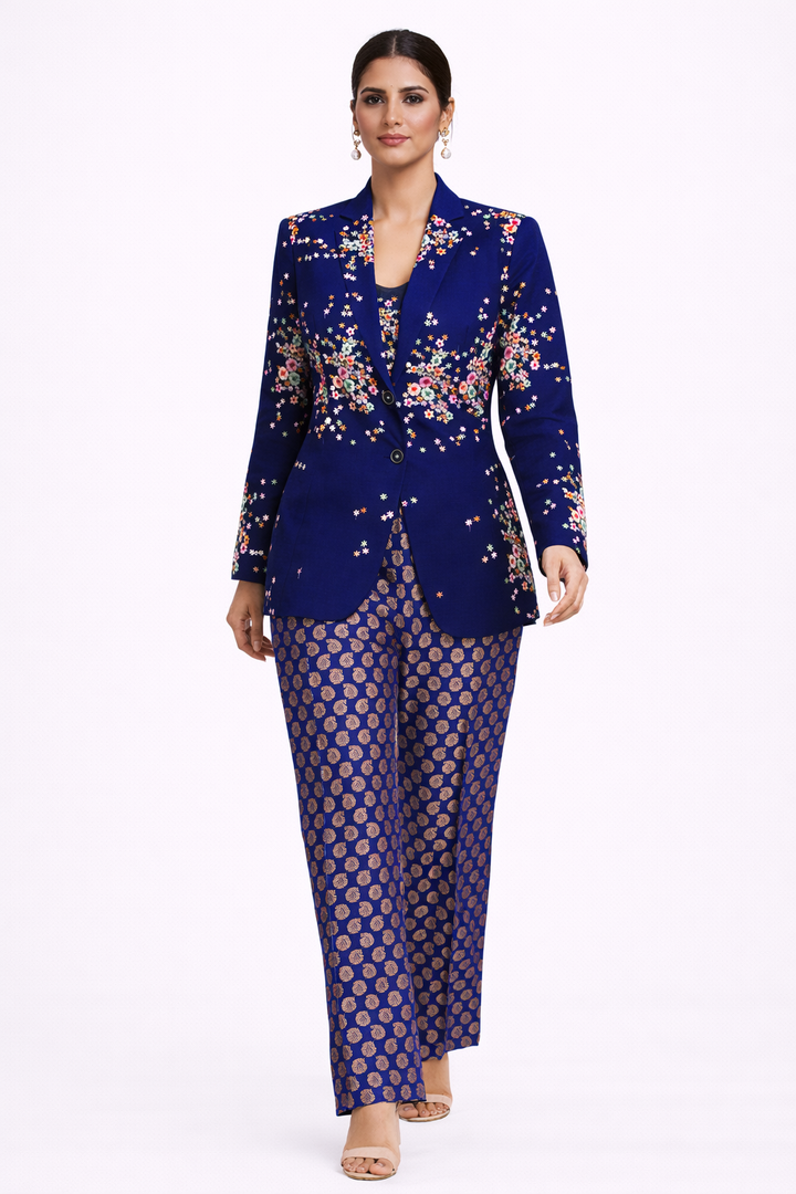 Navy Blue Net Co-ord Set with Jacket, Bustier & Brocade Pant