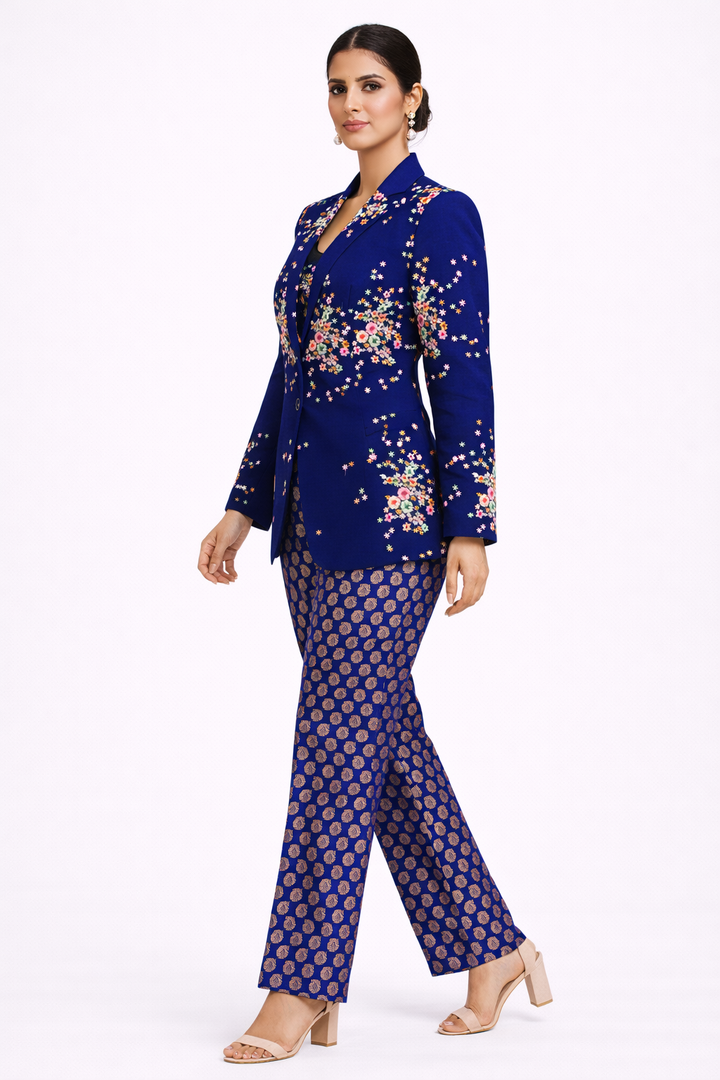 Navy Blue Net Co-ord Set with Jacket, Bustier & Brocade Pant