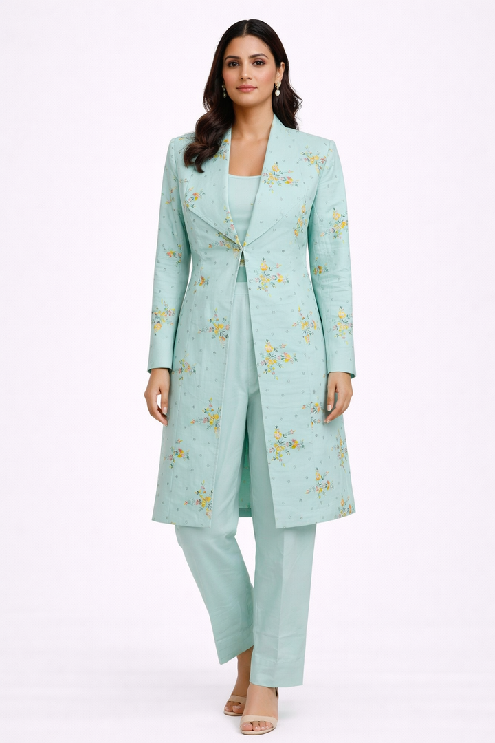 Sky Blue Katan Silk Long Jacket Set with Bustier & Straight Pant