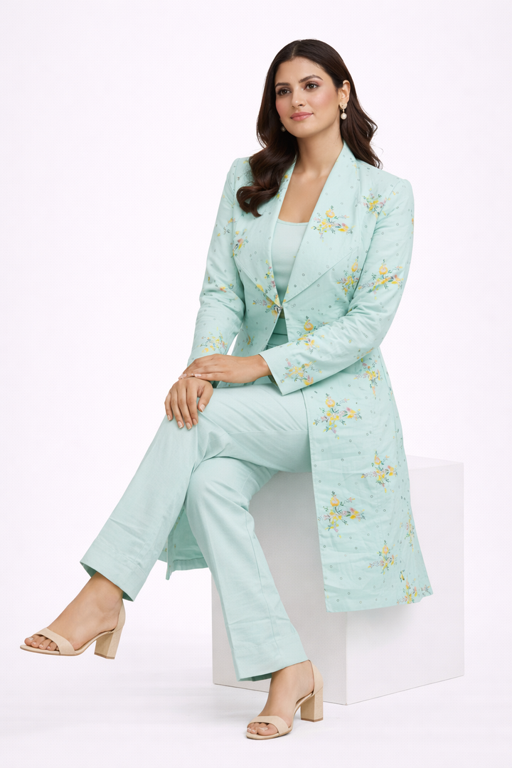 Sky Blue Katan Silk Long Jacket Set with Bustier & Straight Pant