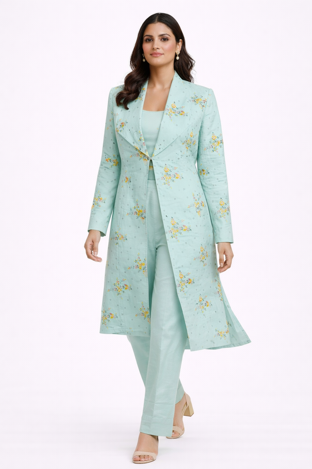 Sky Blue Katan Silk Long Jacket Set with Bustier & Straight Pant