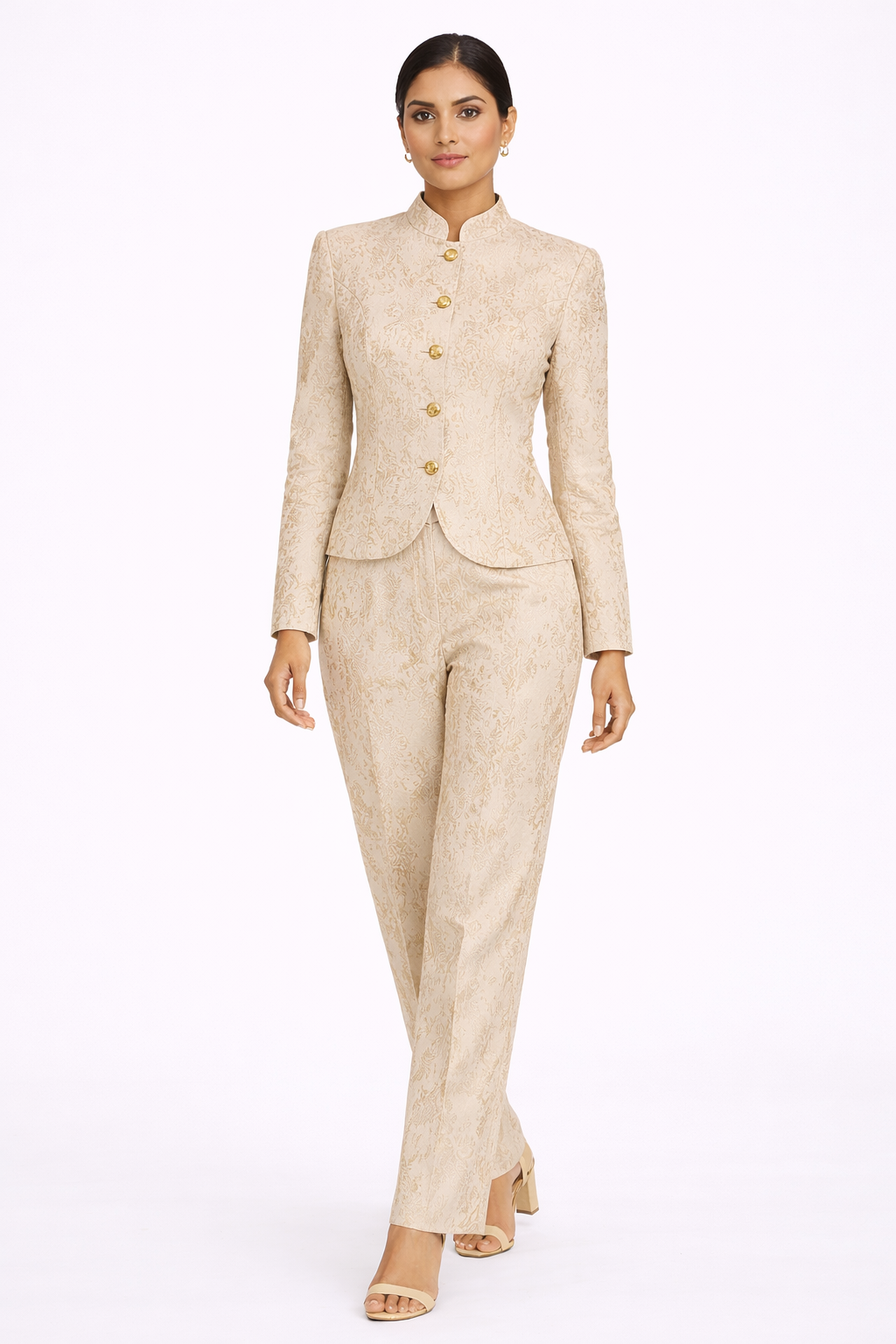 Light Beige Co-ord Set with Mandarin Collar Jacket & Straight Pant