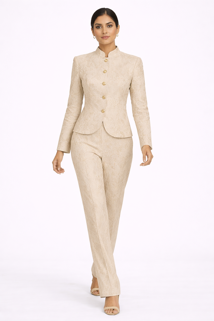 Light Beige Co-ord Set with Mandarin Collar Jacket & Straight Pant