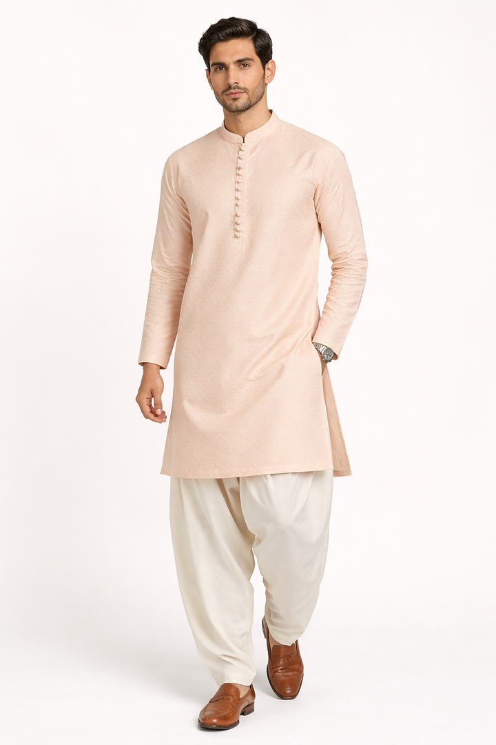 Men’s Dusty Peach Cotton Jacquard Kurta Set with Off White Patiala