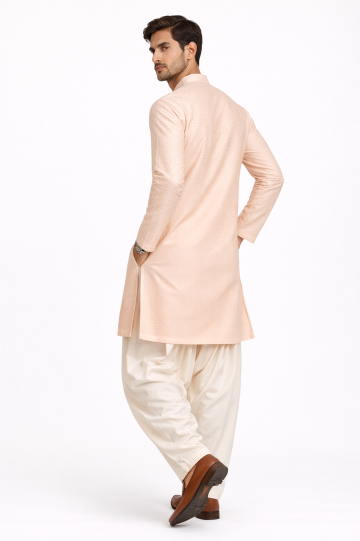 Men’s Dusty Peach Cotton Jacquard Kurta Set with Off White Patiala