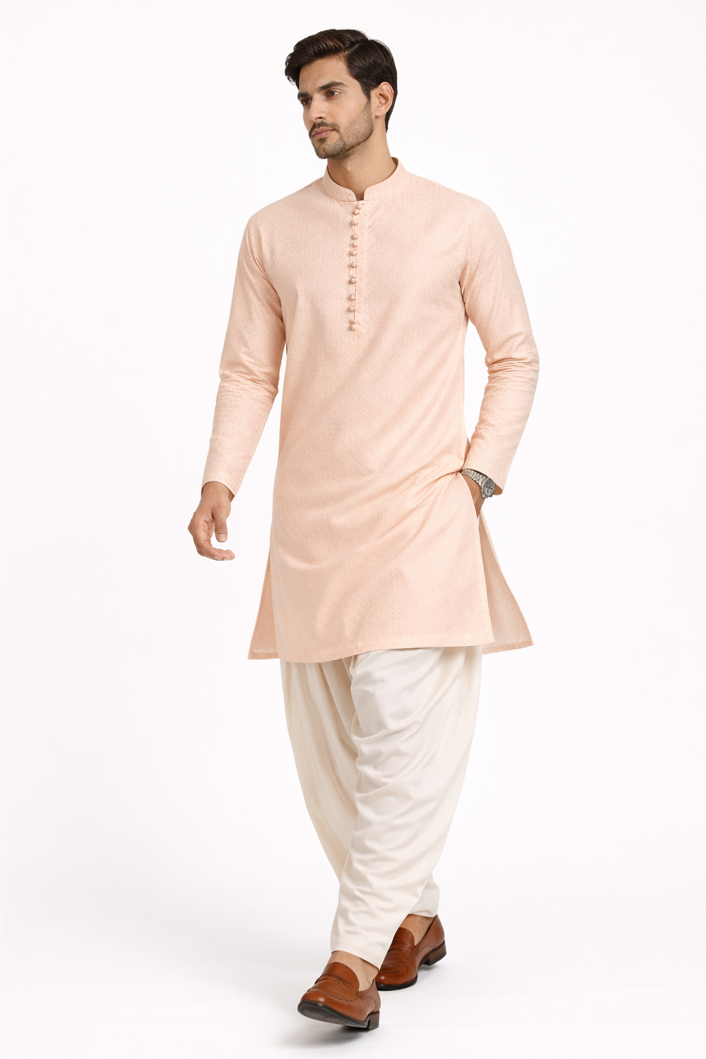 Men’s Dusty Peach Cotton Jacquard Kurta Set with Off White Patiala
