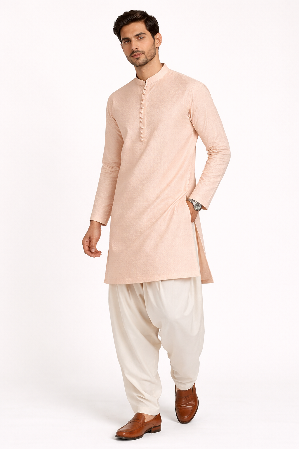 Men’s Dusty Peach Cotton Jacquard Kurta Set with Off White Patiala