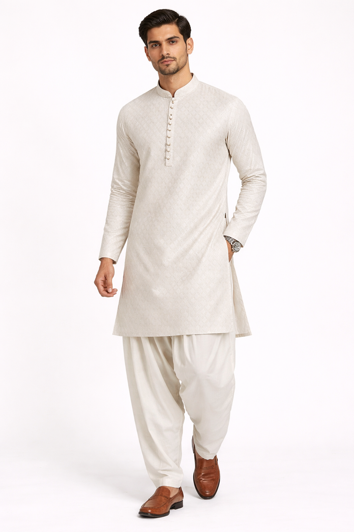 Men’s Lilac Cotton Jacquard Kurta Set with Off White Katan Silk Patiala