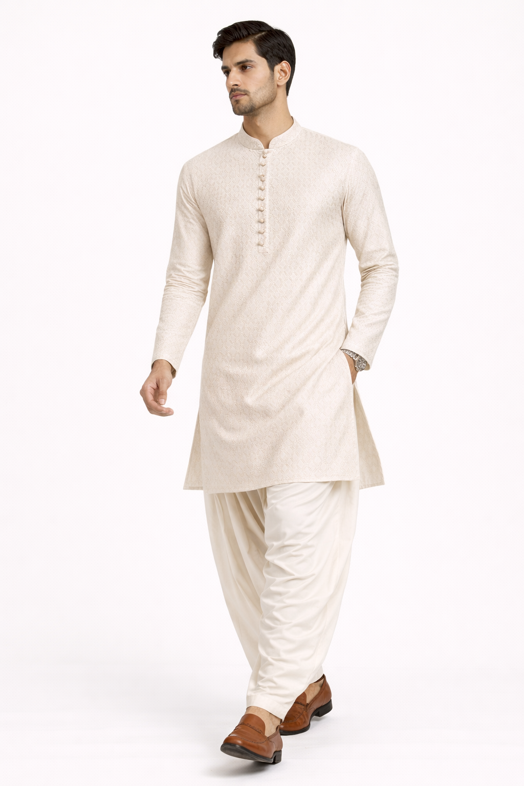 Men’s Lilac Cotton Jacquard Kurta Set with Off White Katan Silk Patiala