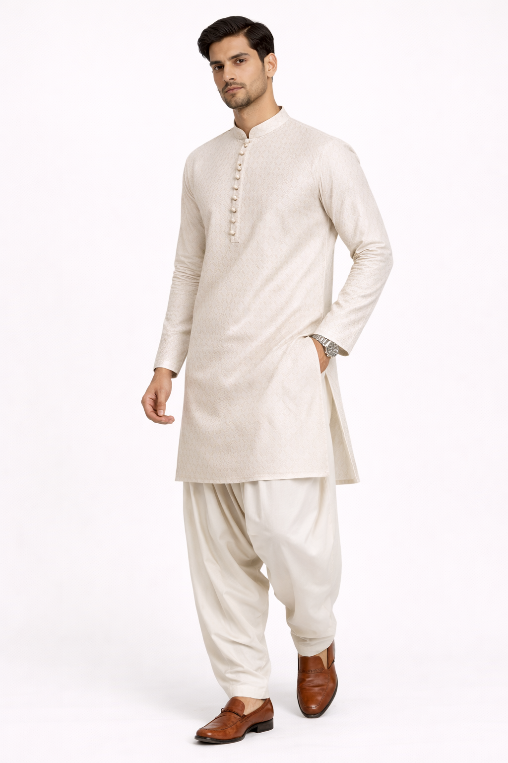 Men’s Lilac Cotton Jacquard Kurta Set with Off White Katan Silk Patiala