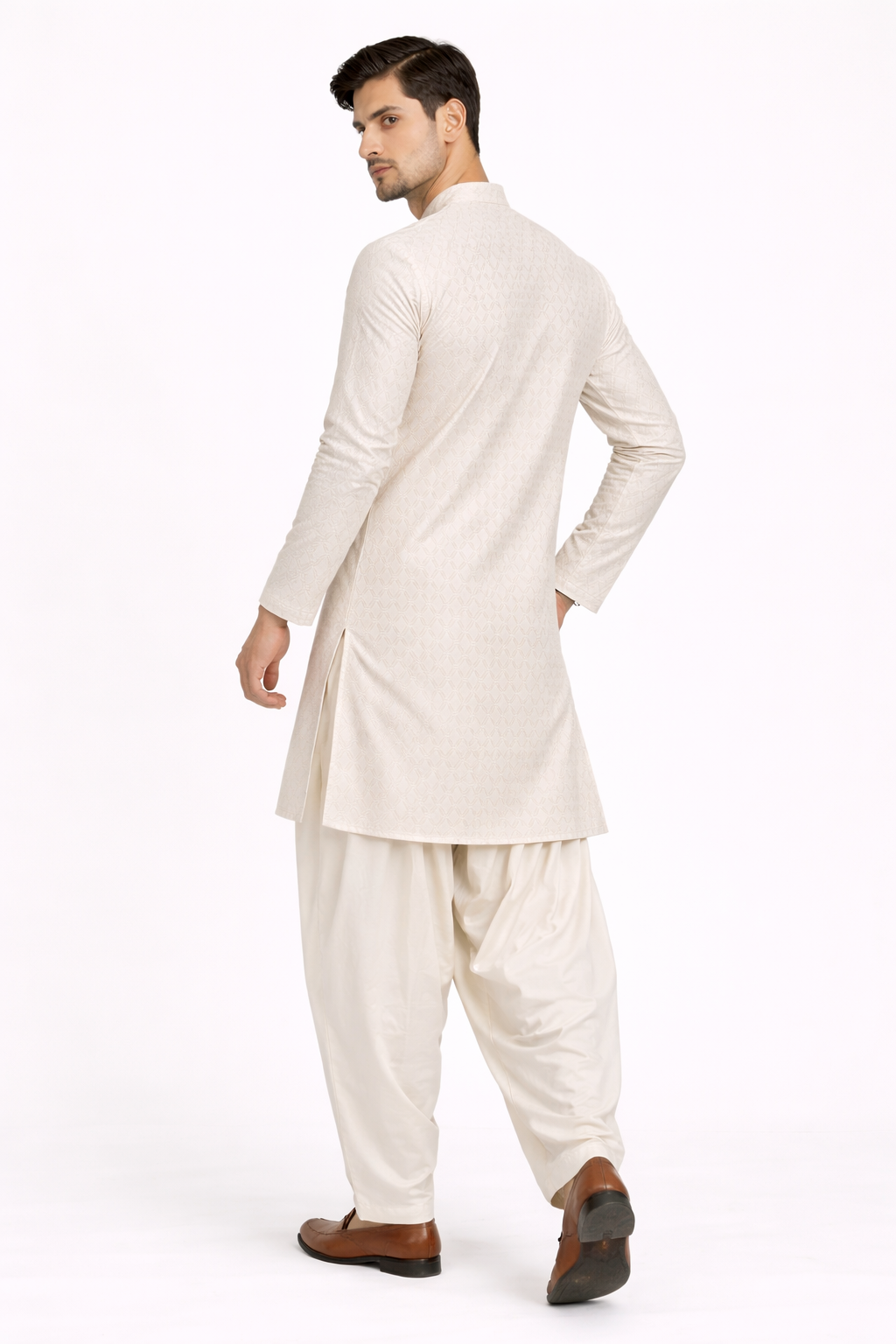Men’s Lilac Cotton Jacquard Kurta Set with Off White Katan Silk Patiala