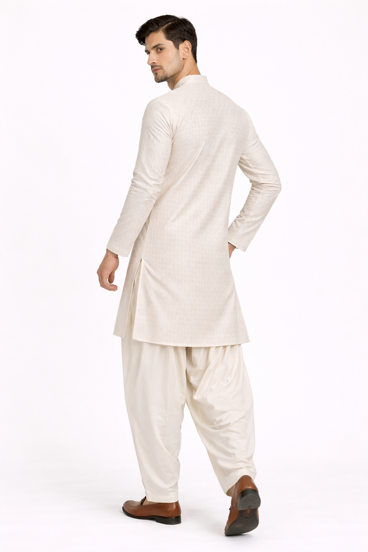 Men’s Lilac Cotton Jacquard Kurta Set with Off White Katan Silk Patiala