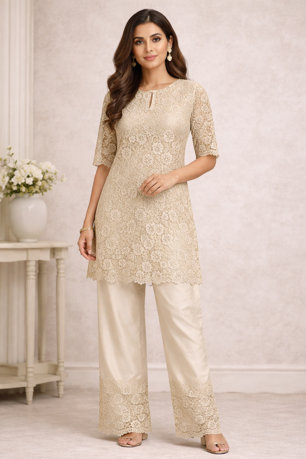 Bone Brown Co-ord Set with Kurti Katan Silk Top & Palazzo