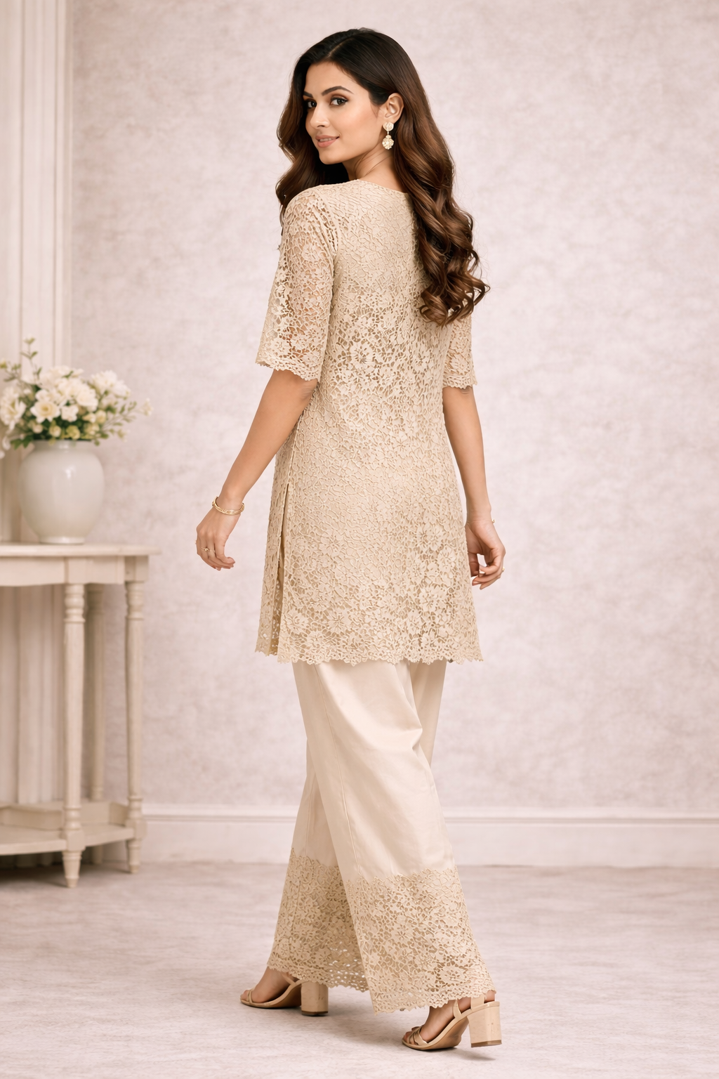 Bone Brown Co-ord Set with Kurti Katan Silk Top & Palazzo