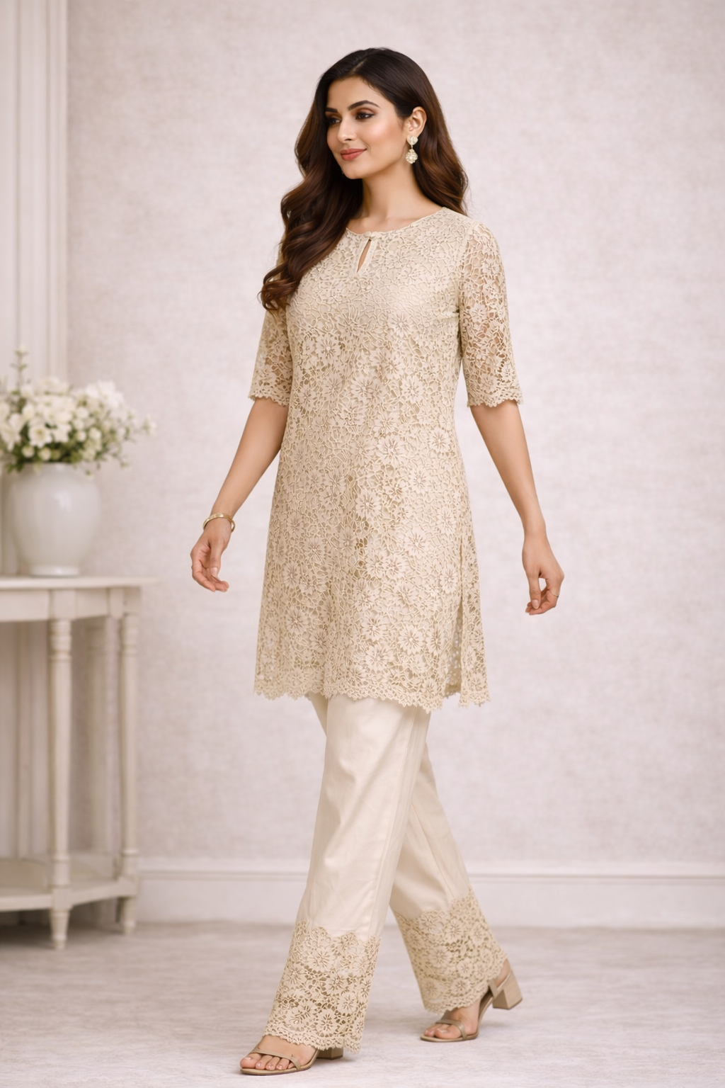 Bone Brown Co-ord Set with Kurti Katan Silk Top & Palazzo