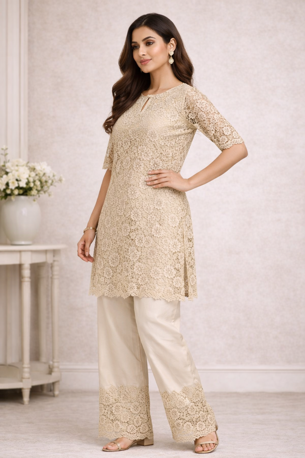 Bone Brown Co-ord Set with Kurti Katan Silk Top & Palazzo