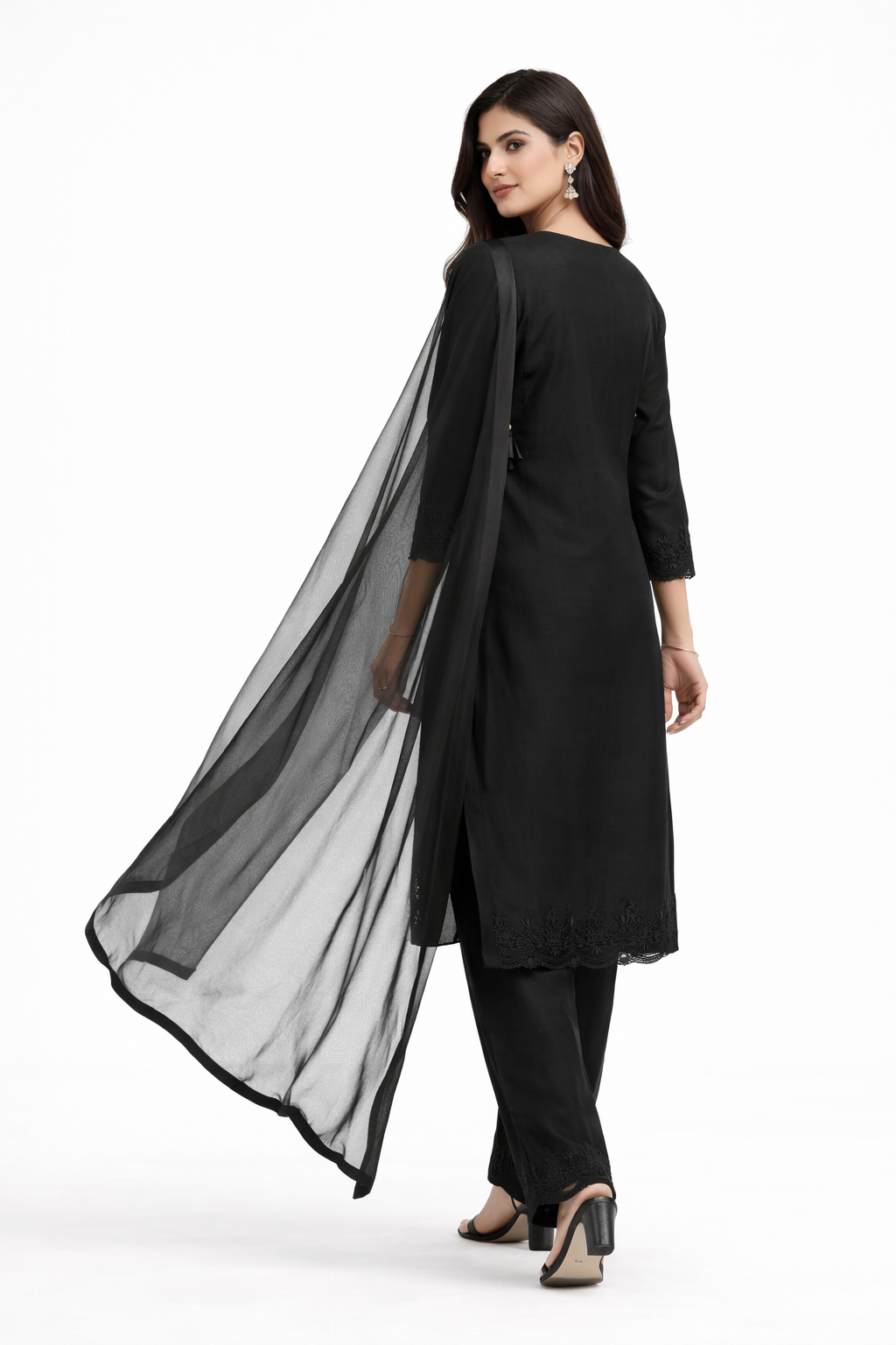 Black Katan Silk Kurti Set with Palazzo & Net Dupatta