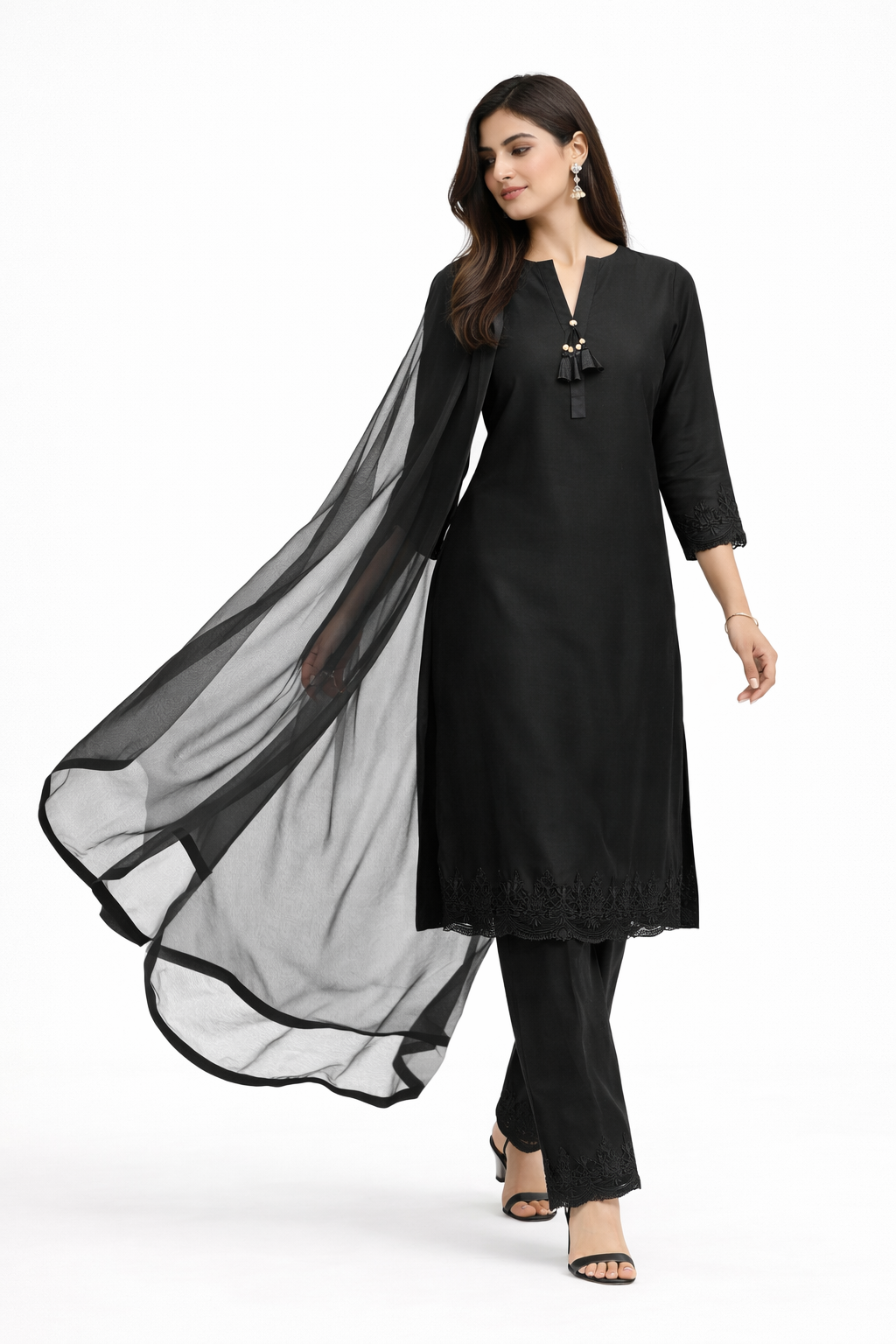 Black Katan Silk Kurti Set with Palazzo & Net Dupatta