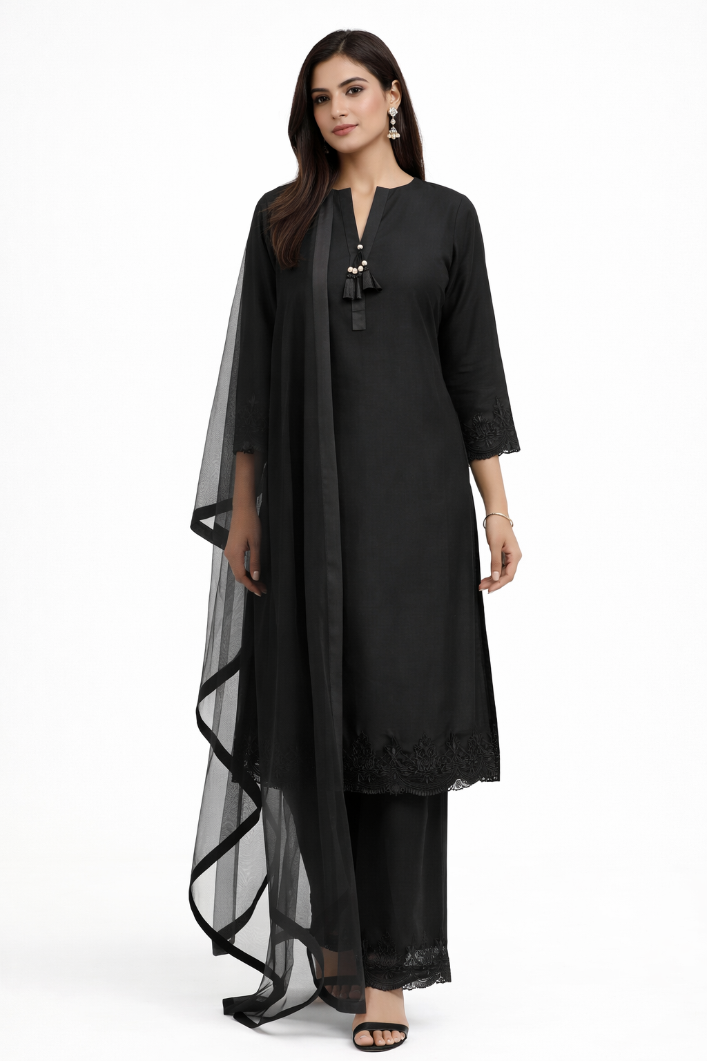 Black Katan Silk Kurti Set with Palazzo & Net Dupatta
