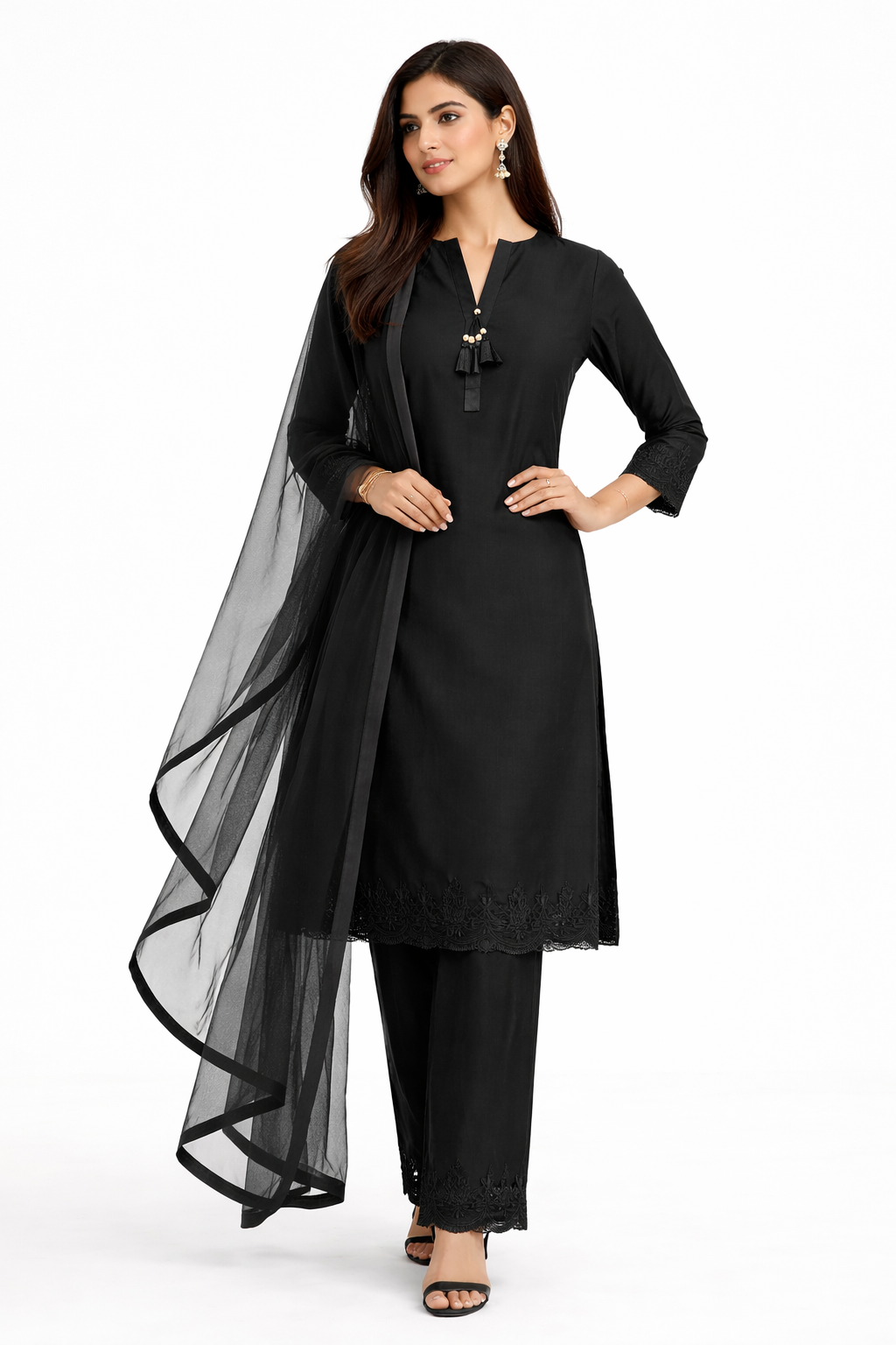 Black Katan Silk Kurti Set with Palazzo & Net Dupatta