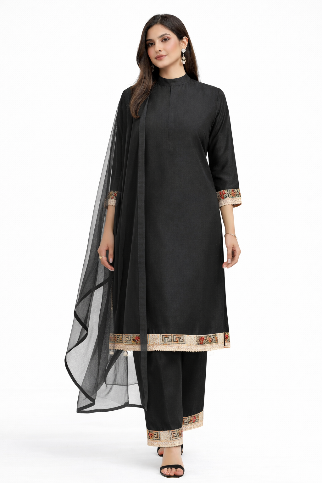 Black Katan Silk Kurti Set with Pant & Net Dupatta