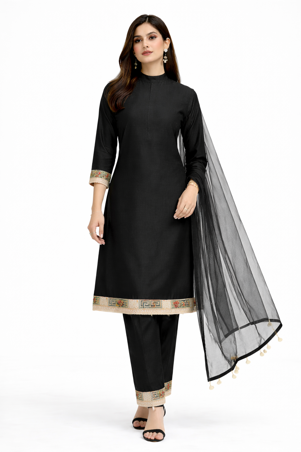 Black Katan Silk Kurti Set with Pant & Net Dupatta