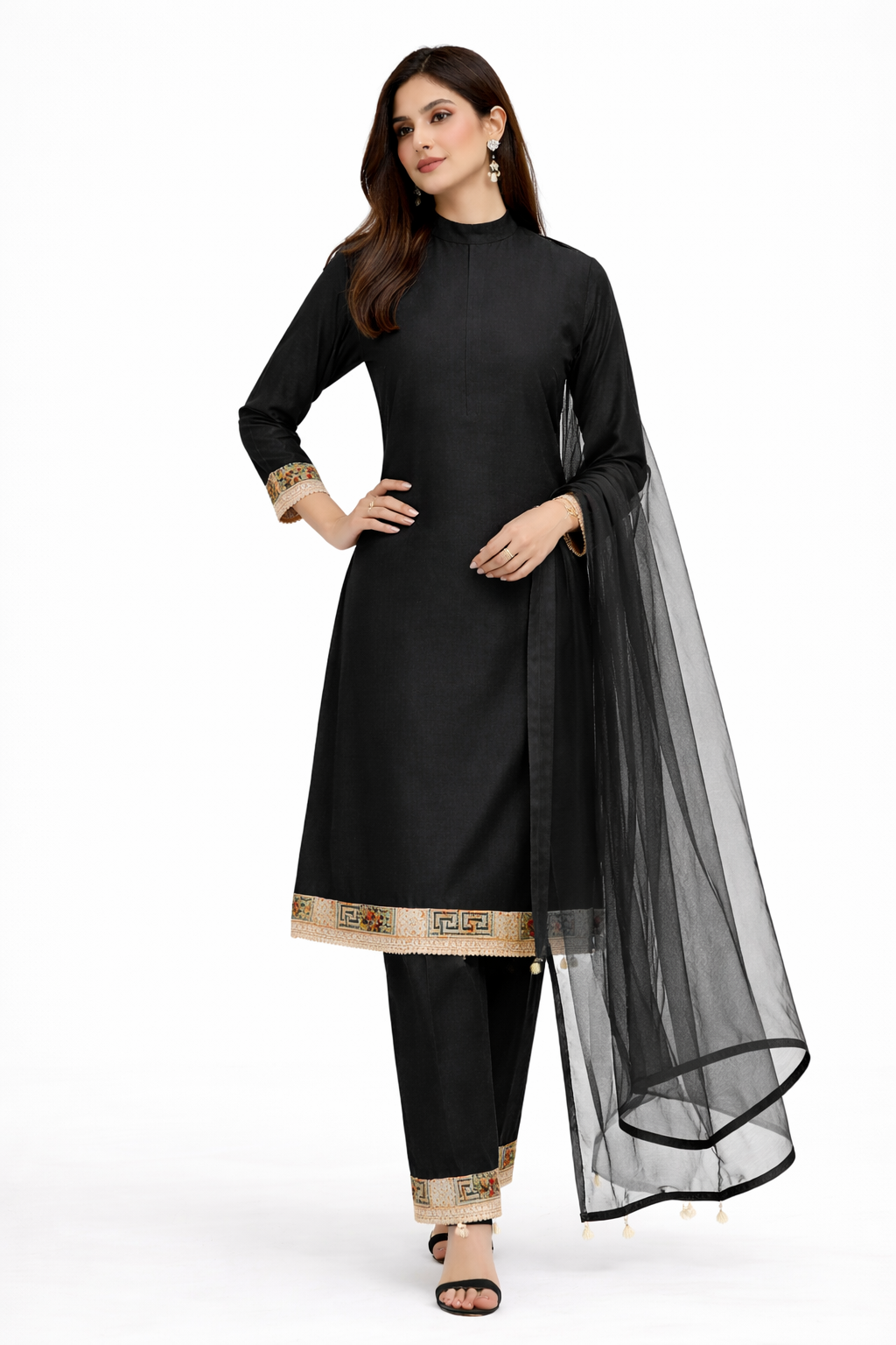 Black Katan Silk Kurti Set with Pant & Net Dupatta