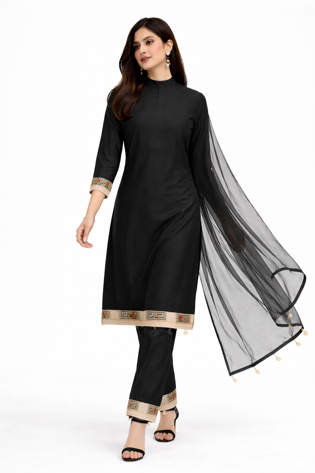 Black Katan Silk Kurti Set with Pant & Net Dupatta
