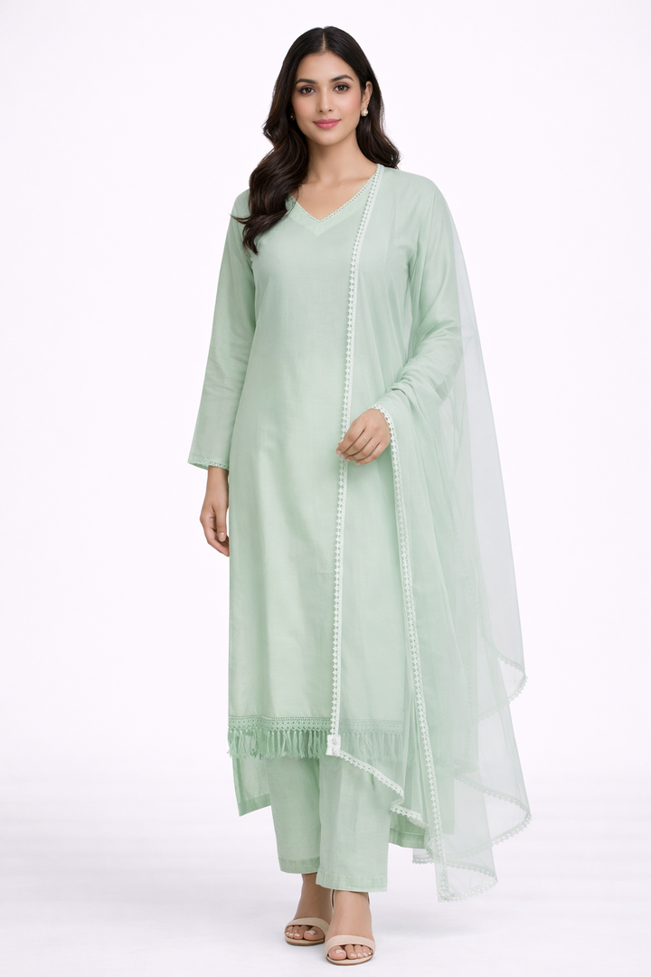 Mist Green Katan Silk Kurti Set with Pant & Net Dupatta